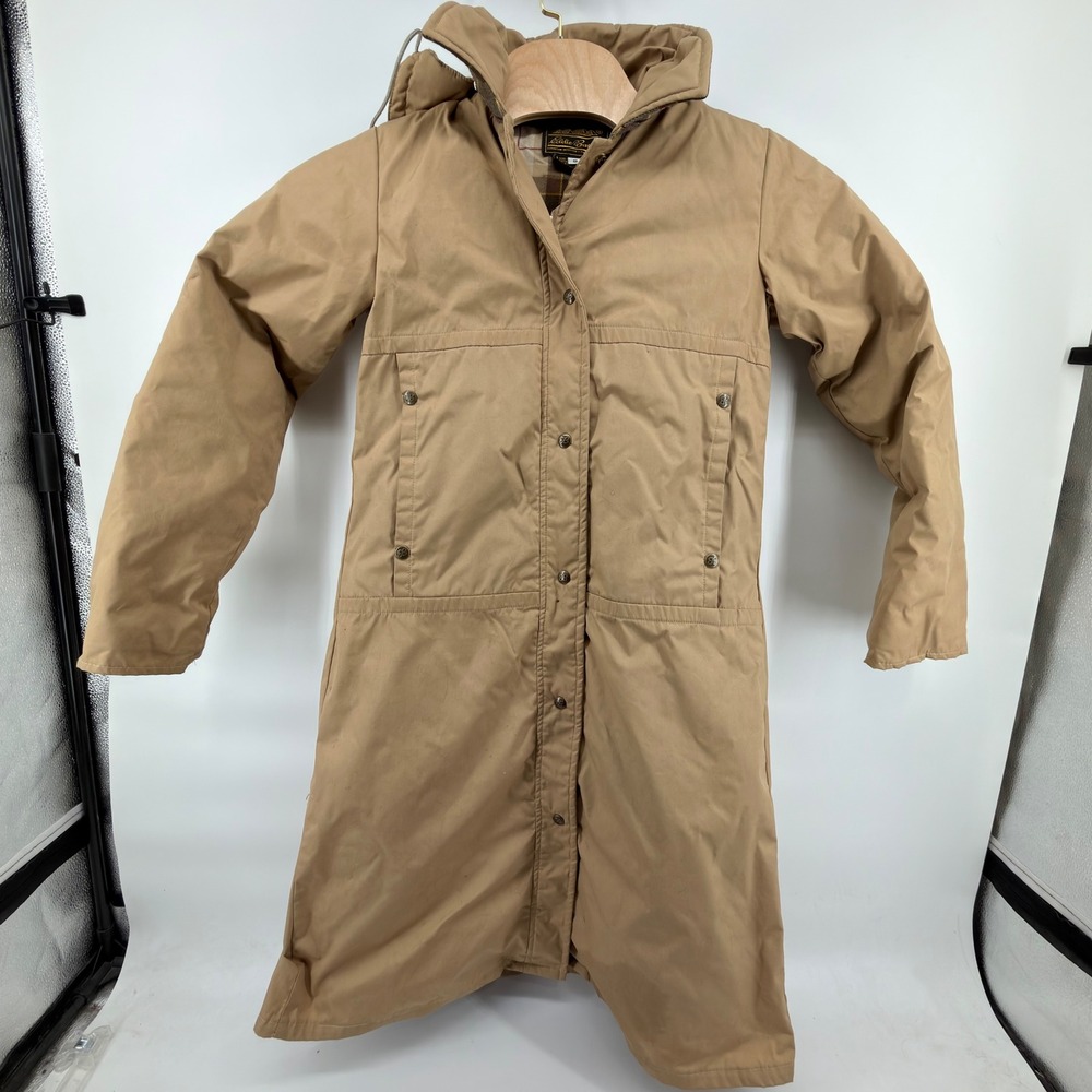 Eddie Bauer Parka Womens S Tan Hooded Plaid Lined Long Expedition Jacket